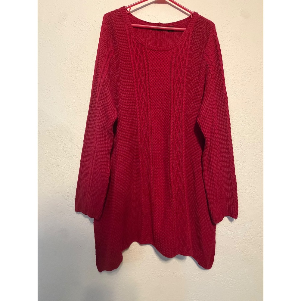 Jeanne Pierre Red Cable Knit Tunic Sweater Cotton XL Long Sleeve Crew Neck